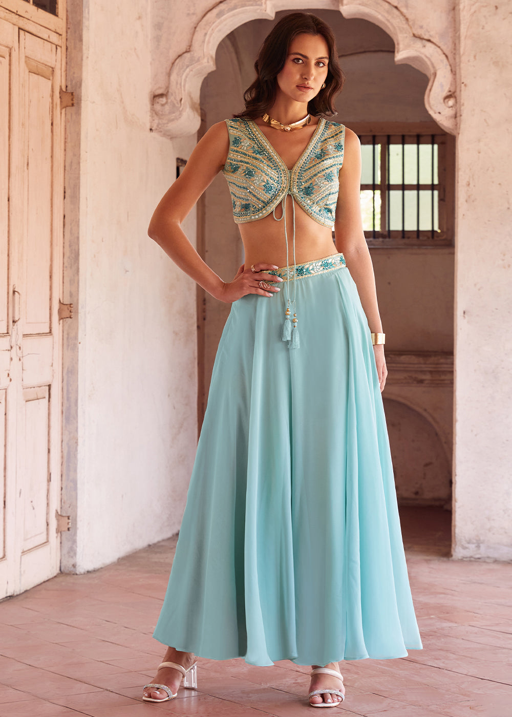 Light Blue Georgette lehenga Choli with Embroidery work