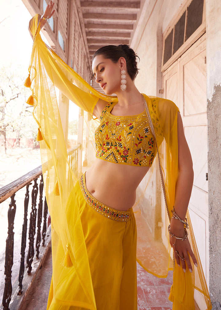 Aureolin Yellow Georgette Sharara Choli with Embroidery work