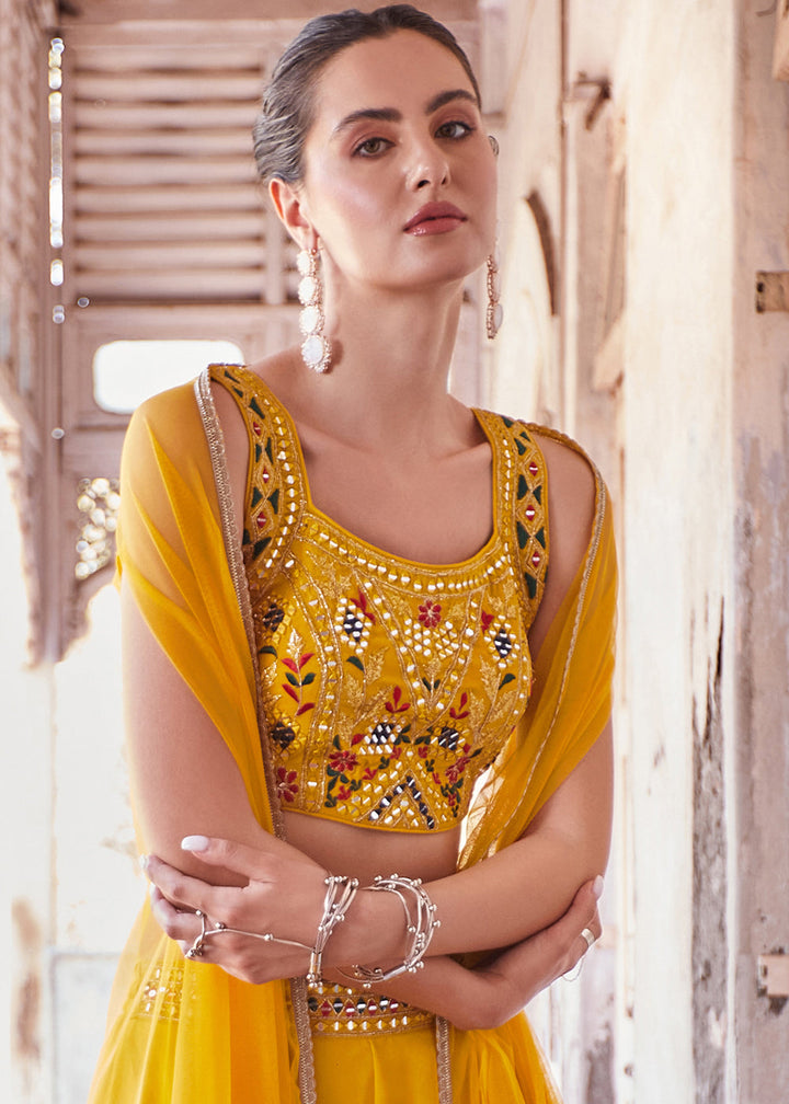 Aureolin Yellow Georgette Sharara Choli with Embroidery work