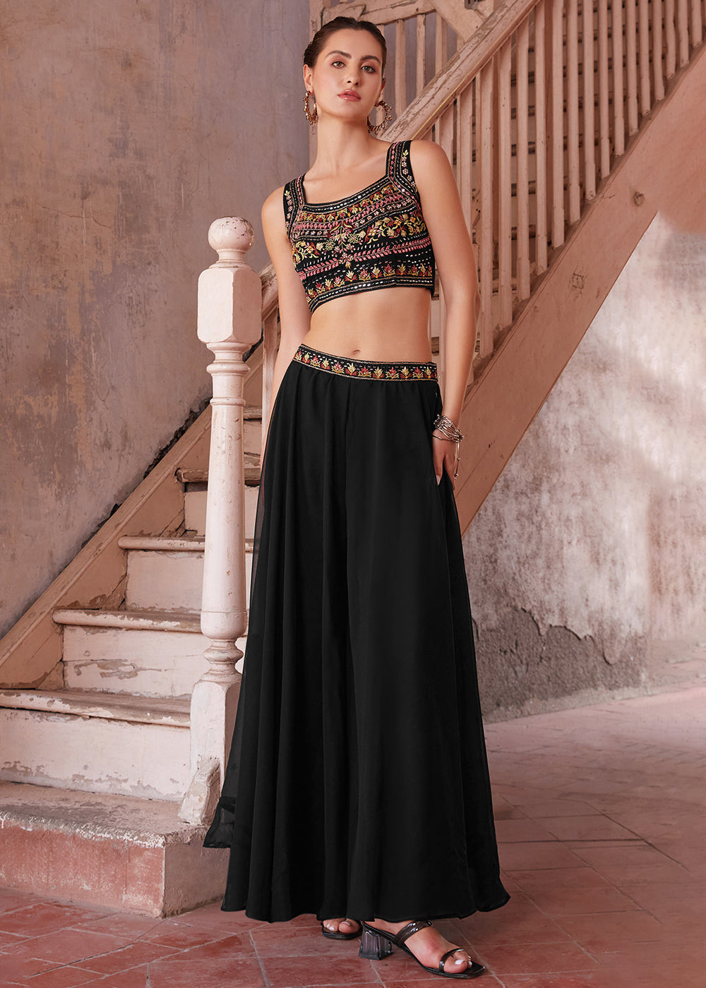 Onyx Black Georgette Sharara Choli with Embroidery work