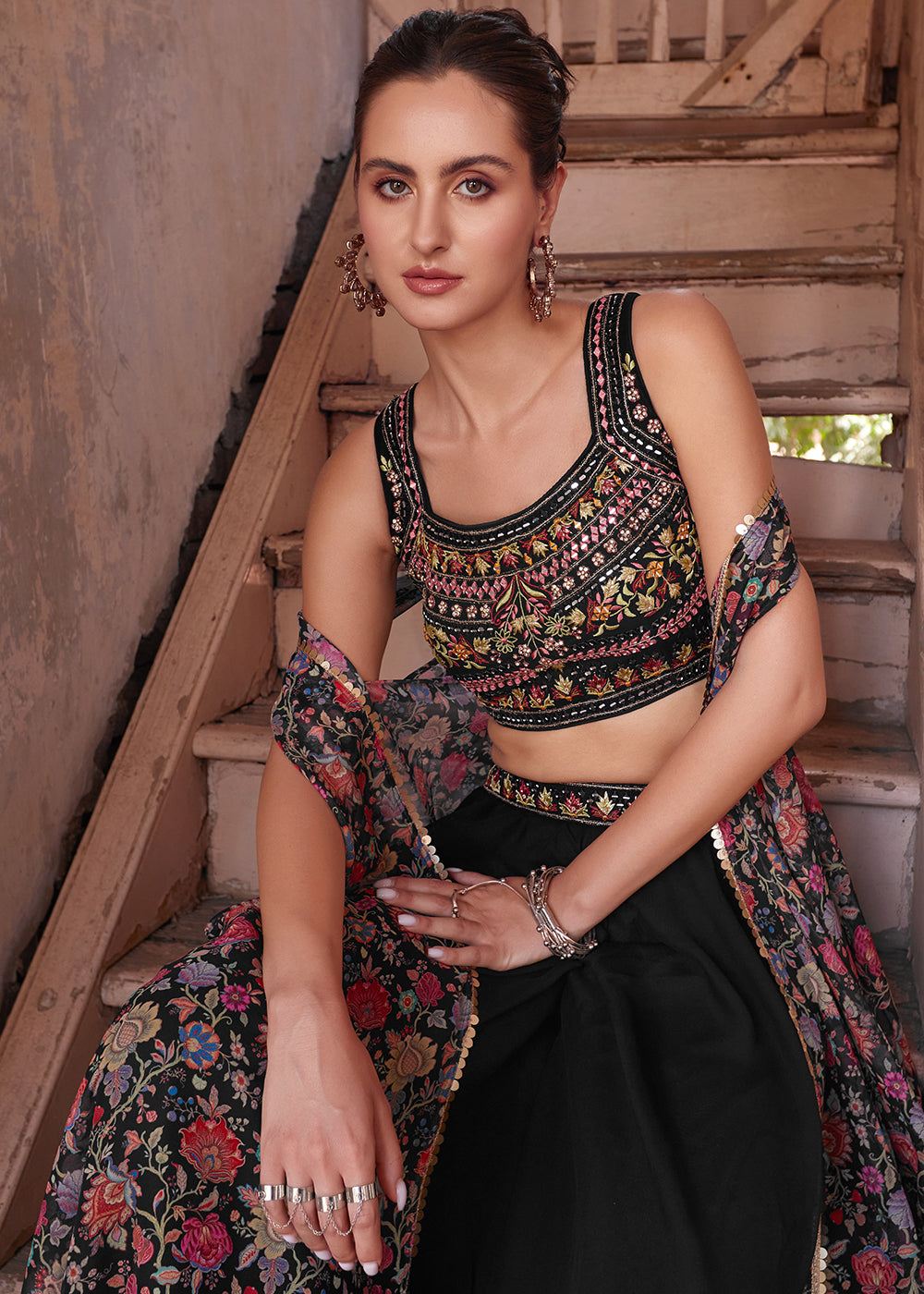 Onyx Black Georgette Sharara Choli with Embroidery work