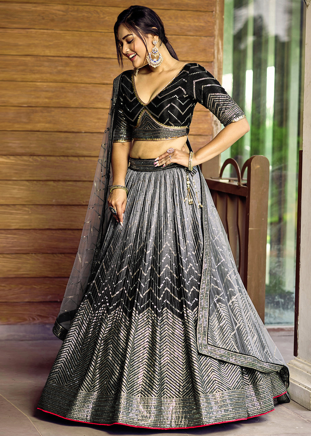 Shades Of Black Soft Net Lehenga Choli with Sequins & Thread Embroidery work