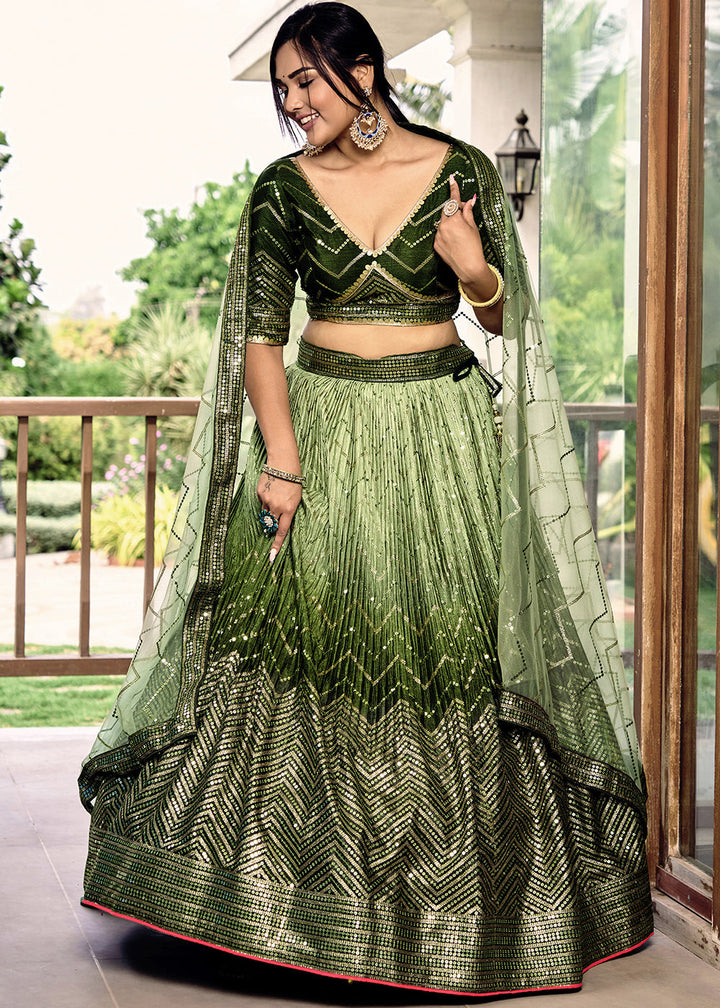 Shades Of Green Soft Net Lehenga Choli with Sequins & Thread Embroidery work