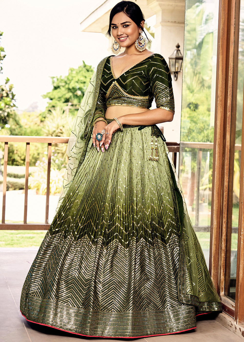 Shades Of Green Soft Net Lehenga Choli with Sequins & Thread Embroidery work