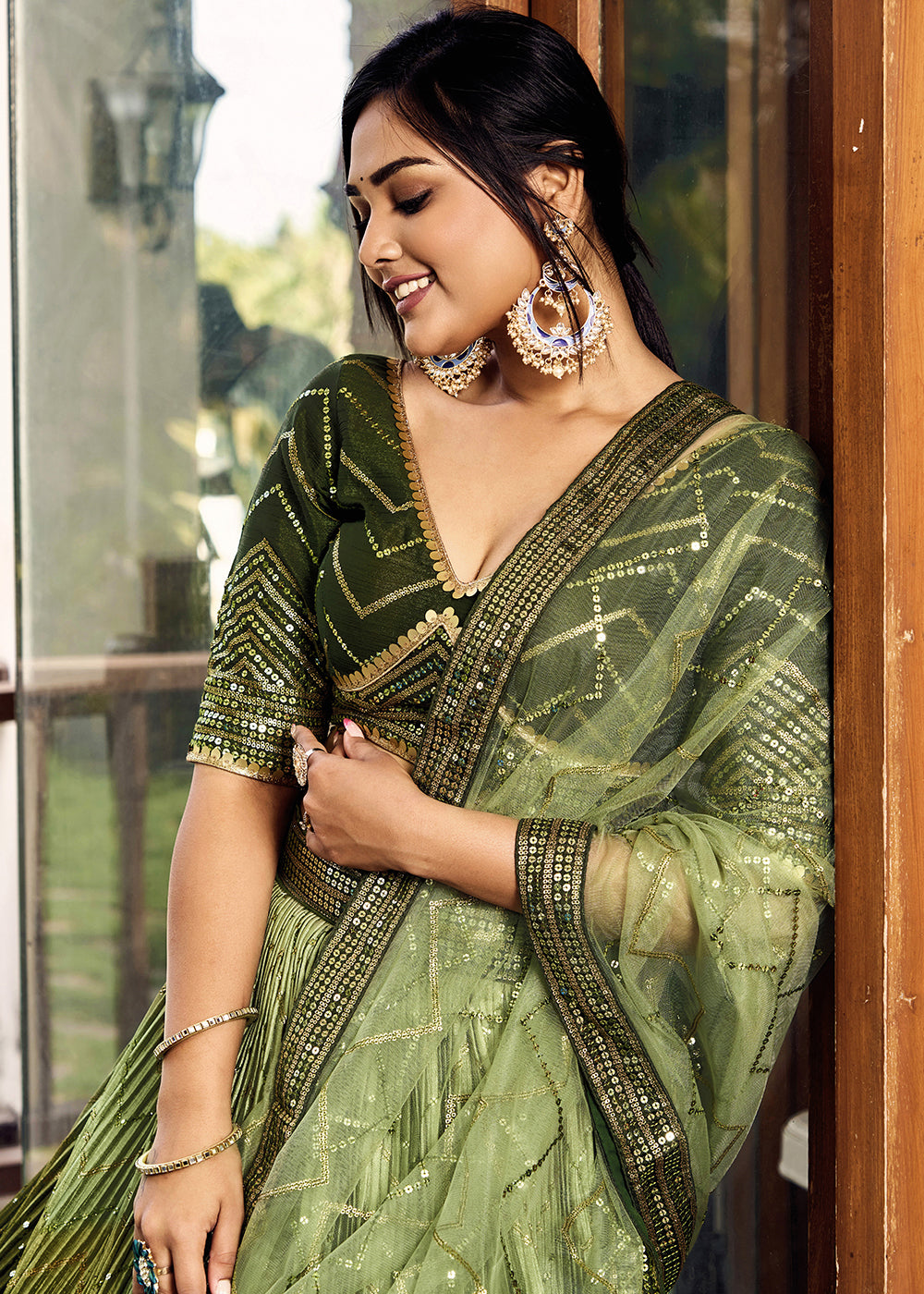 Shades Of Green Soft Net Lehenga Choli with Sequins & Thread Embroidery work