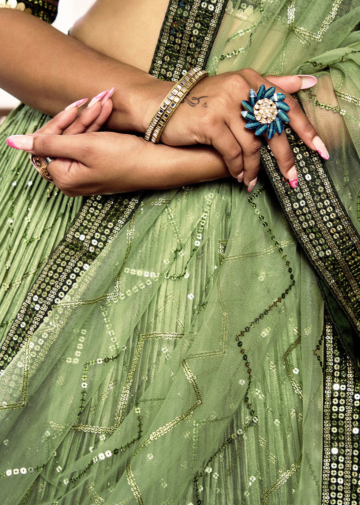 Shades Of Green Soft Net Lehenga Choli with Sequins & Thread Embroidery work