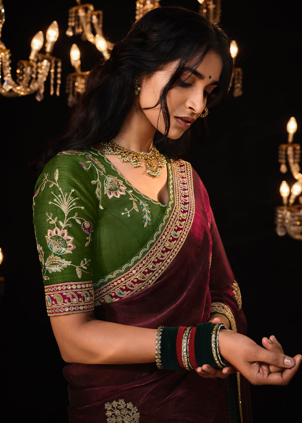 Maroon Red Satin Silk Saree Embellished with Stone,Sequin,Embroidery & Zarkan work