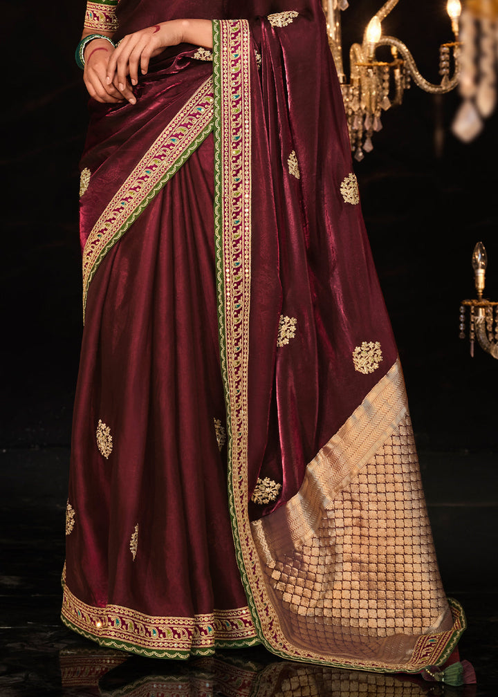 Maroon Red Satin Silk Saree Embellished with Stone,Sequin,Embroidery & Zarkan work