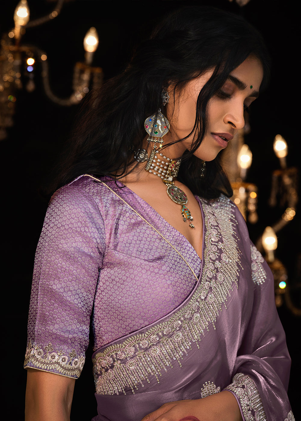 Orchid Purple Satin Silk Saree Embellished with Stone,Sequin,Embroidery & Zarkan work