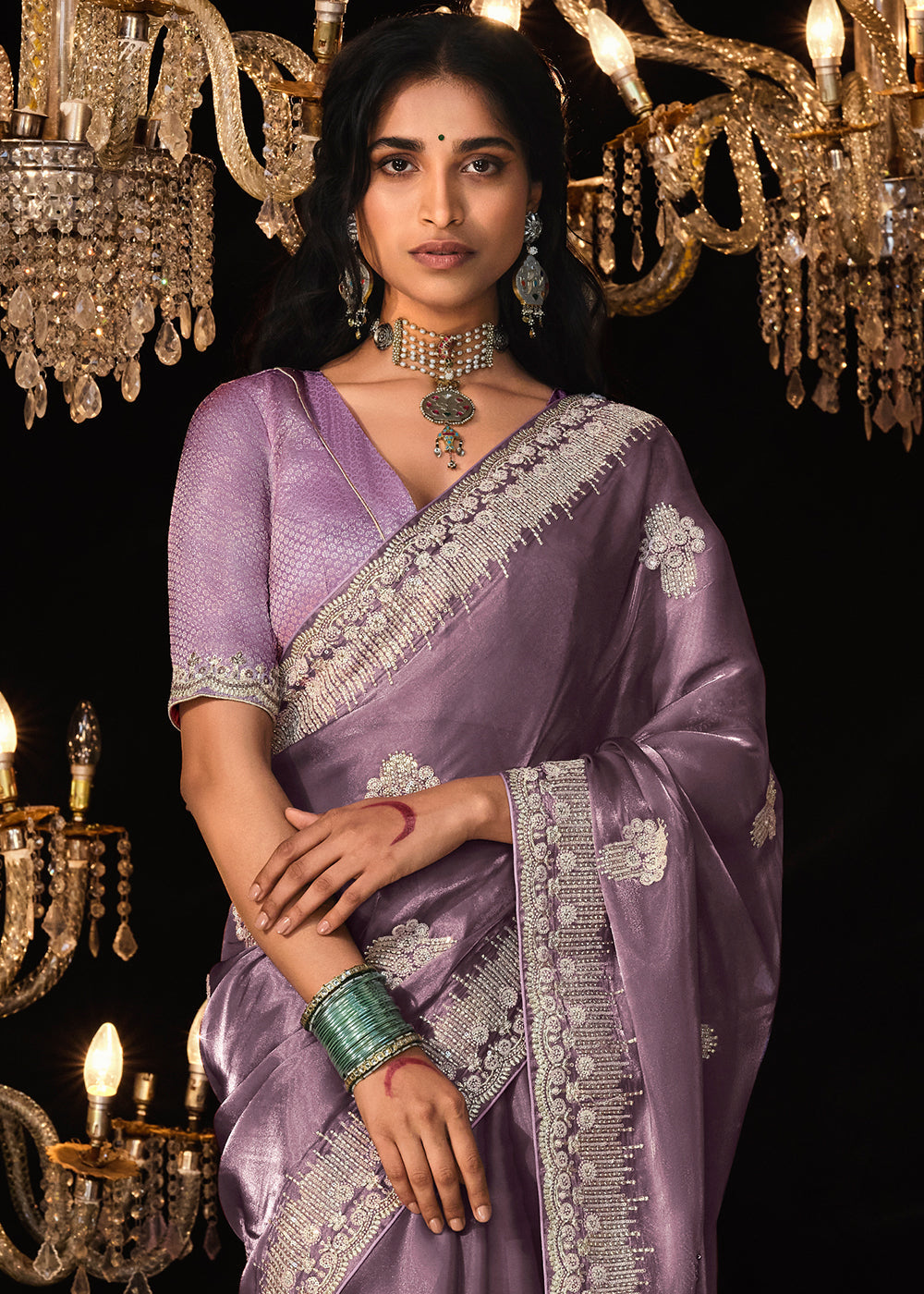 Orchid Purple Satin Silk Saree Embellished with Stone,Sequin,Embroidery & Zarkan work