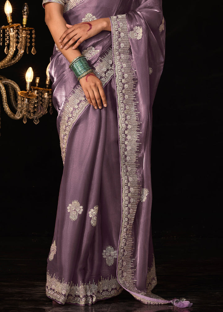 Orchid Purple Satin Silk Saree Embellished with Stone,Sequin,Embroidery & Zarkan work