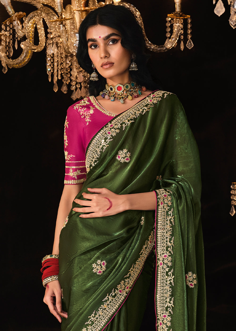 Dark Green Satin Silk Saree Embellished with Stone,Sequin,Embroidery & Zarkan work