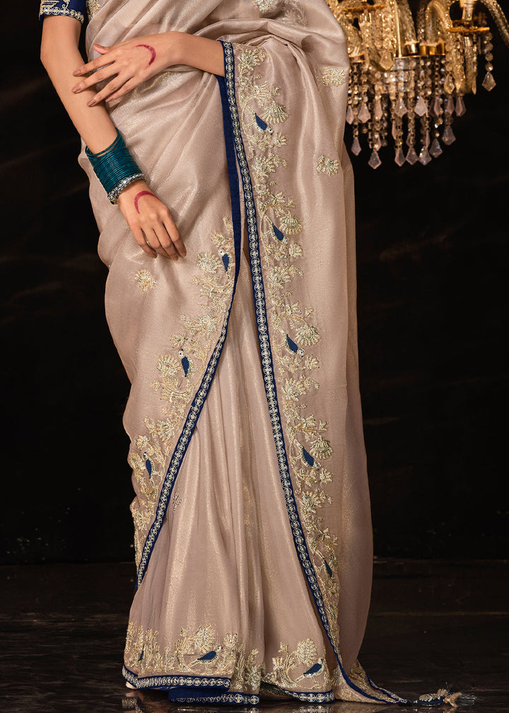 Light Greyish Brown Satin Silk Saree Embellished with Stone,Sequin,Embroidery & Zarkan work