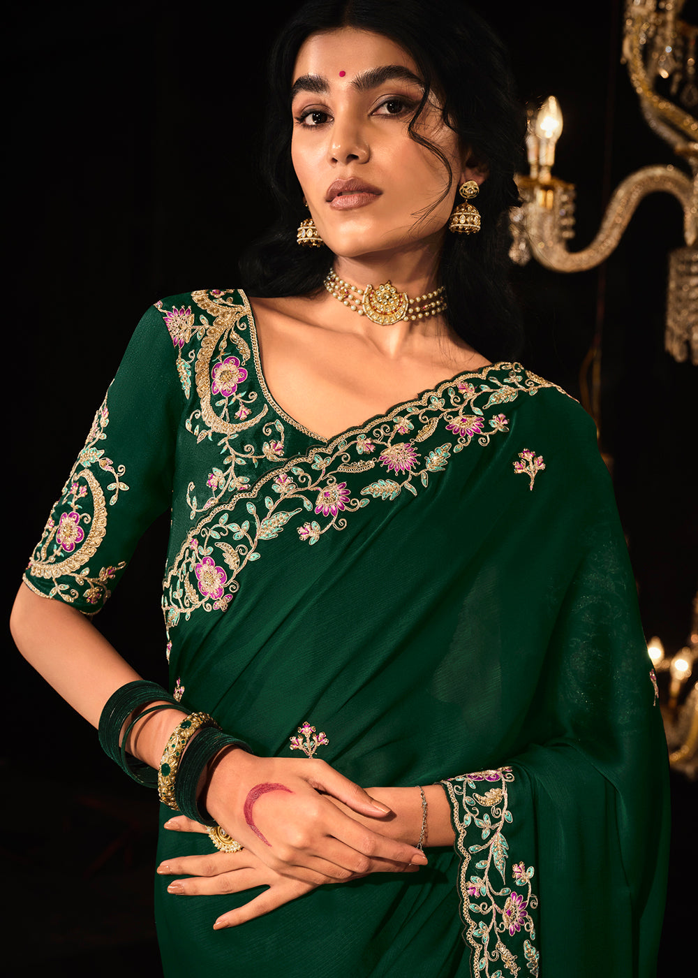 Sacramento Green Satin Silk Saree Embellished with Stone,Sequin,Embroidery & Zarkan work