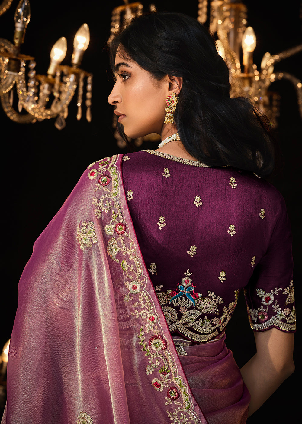 Pinkish Purple Satin Silk Saree Embellished with Stone,Sequin,Embroidery & Zarkan work