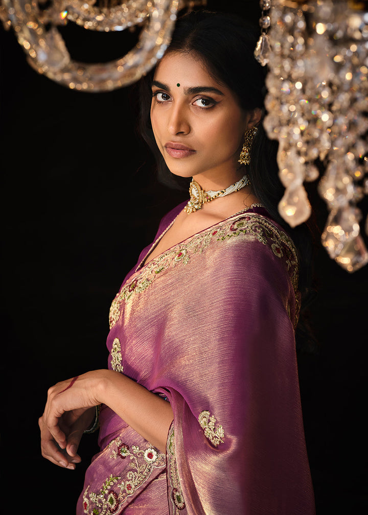 Pinkish Purple Satin Silk Saree Embellished with Stone,Sequin,Embroidery & Zarkan work