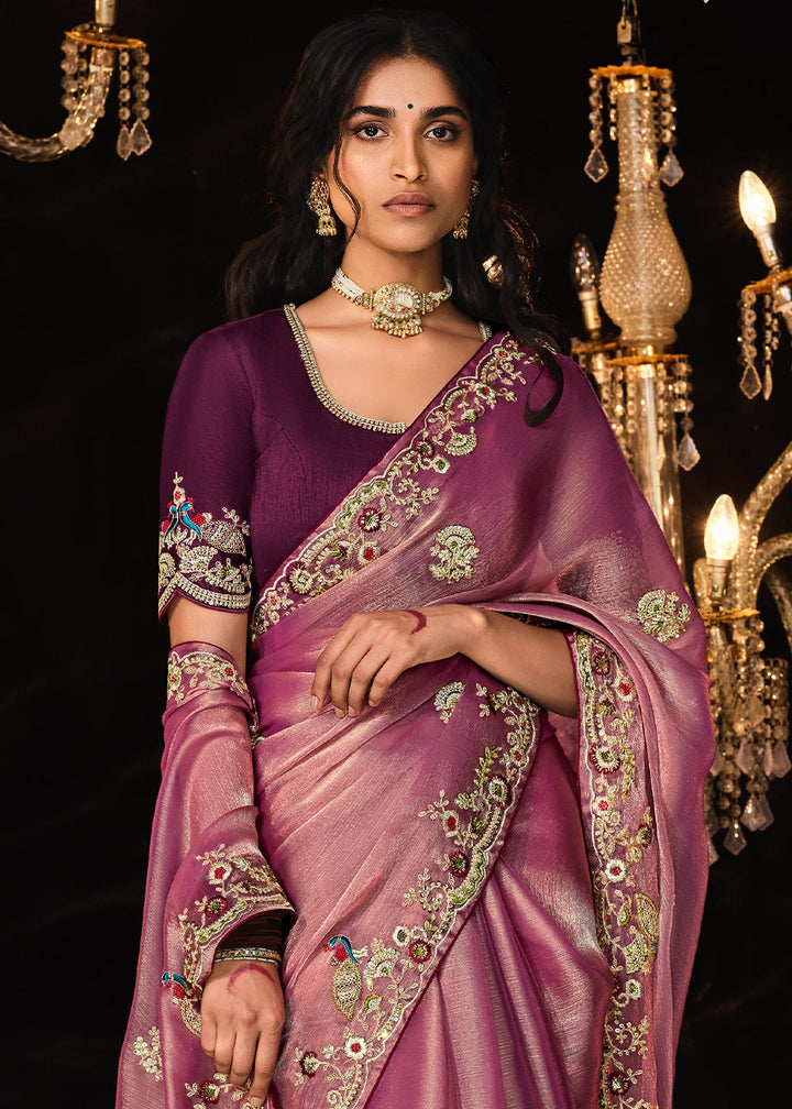 Pinkish Purple Satin Silk Saree Embellished with Stone,Sequin,Embroidery & Zarkan work