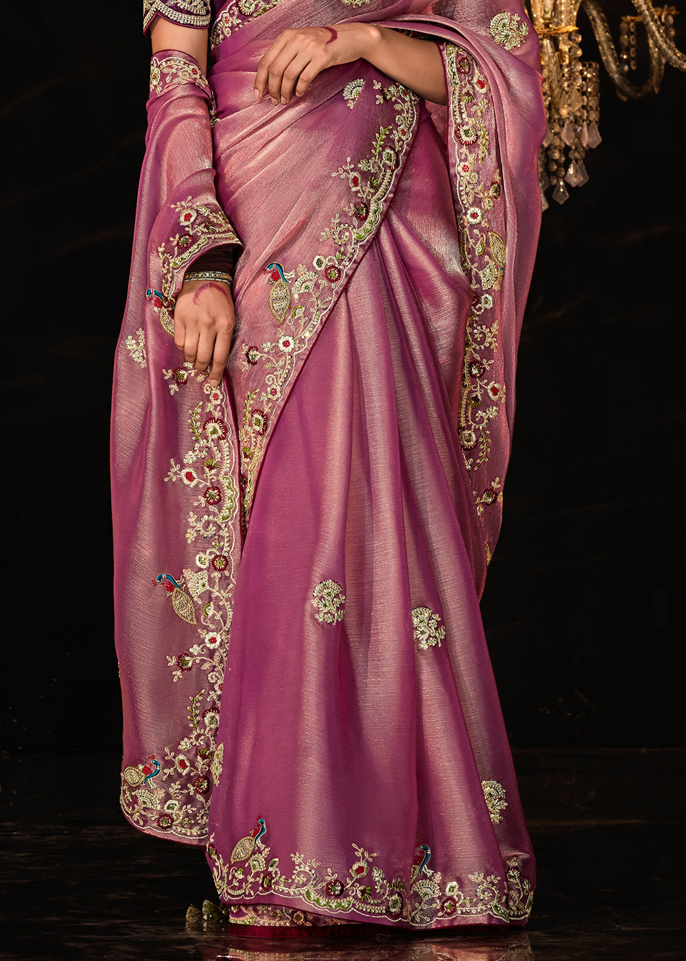 Pinkish Purple Satin Silk Saree Embellished with Stone,Sequin,Embroidery & Zarkan work