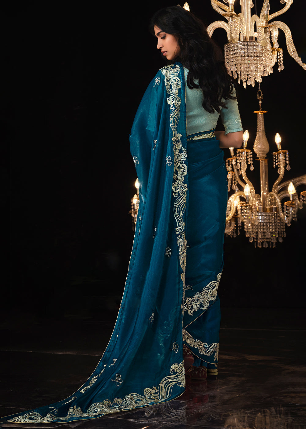 Prussian Blue Satin Silk Saree Embellished with Stone,Sequin,Embroidery & Zarkan work