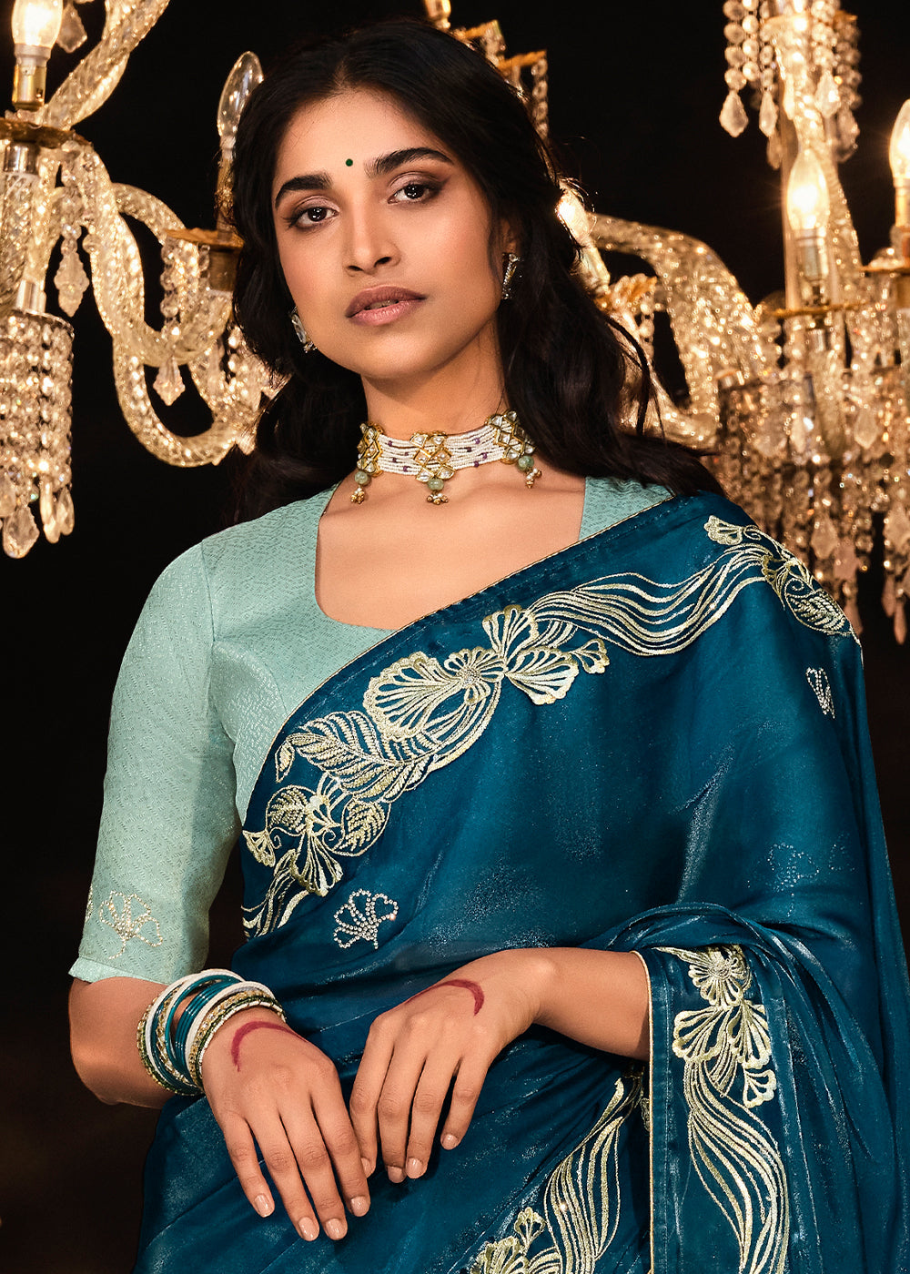 Prussian Blue Satin Silk Saree Embellished with Stone,Sequin,Embroidery & Zarkan work