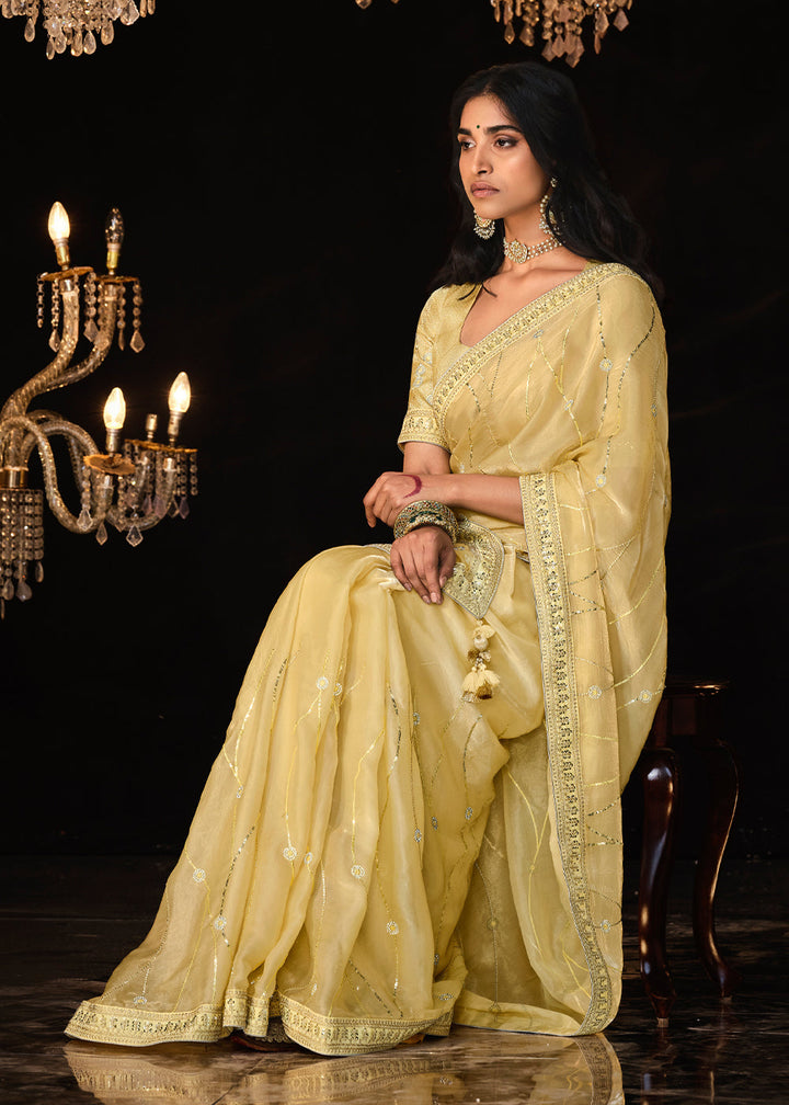 Light Corn Yellow Satin Silk Saree Embellished with Stone,Sequin,Embroidery & Zarkan work