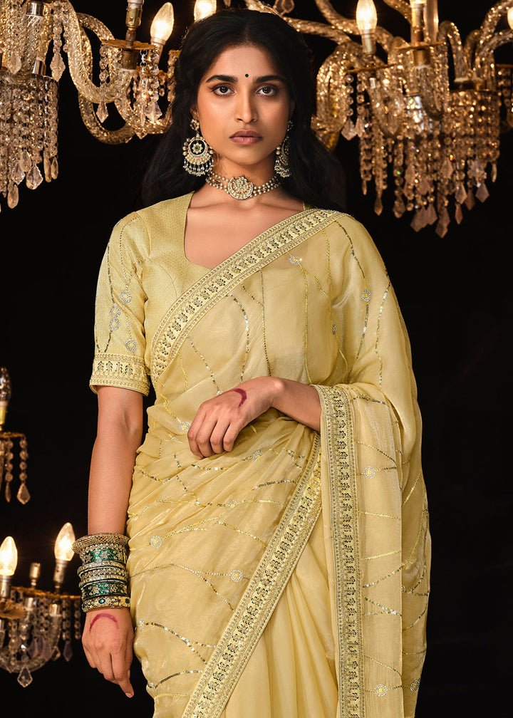 Light Corn Yellow Satin Silk Saree Embellished with Stone,Sequin,Embroidery & Zarkan work