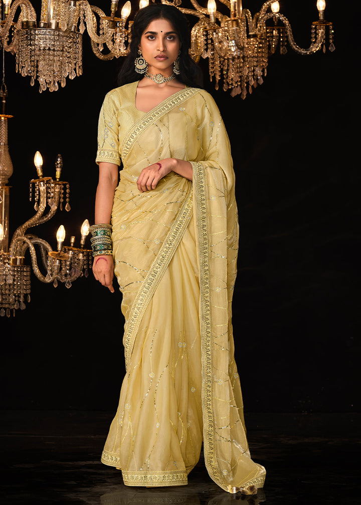 Light Corn Yellow Satin Silk Saree Embellished with Stone,Sequin,Embroidery & Zarkan work