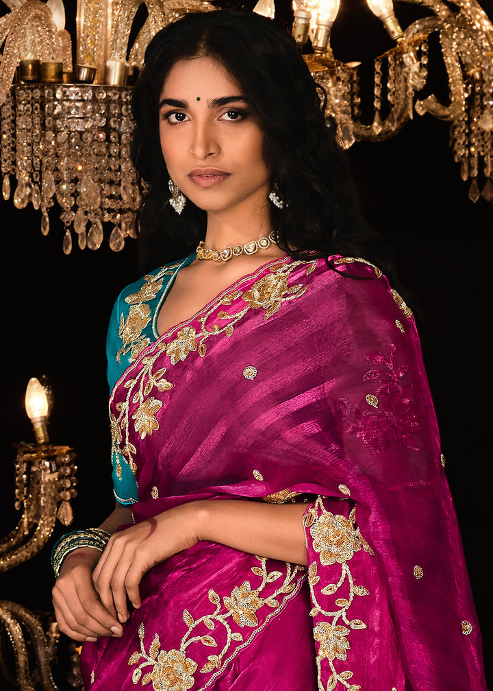 Magenta Pink Satin Silk Saree Embellished with Stone,Sequin,Embroidery & Zarkan work