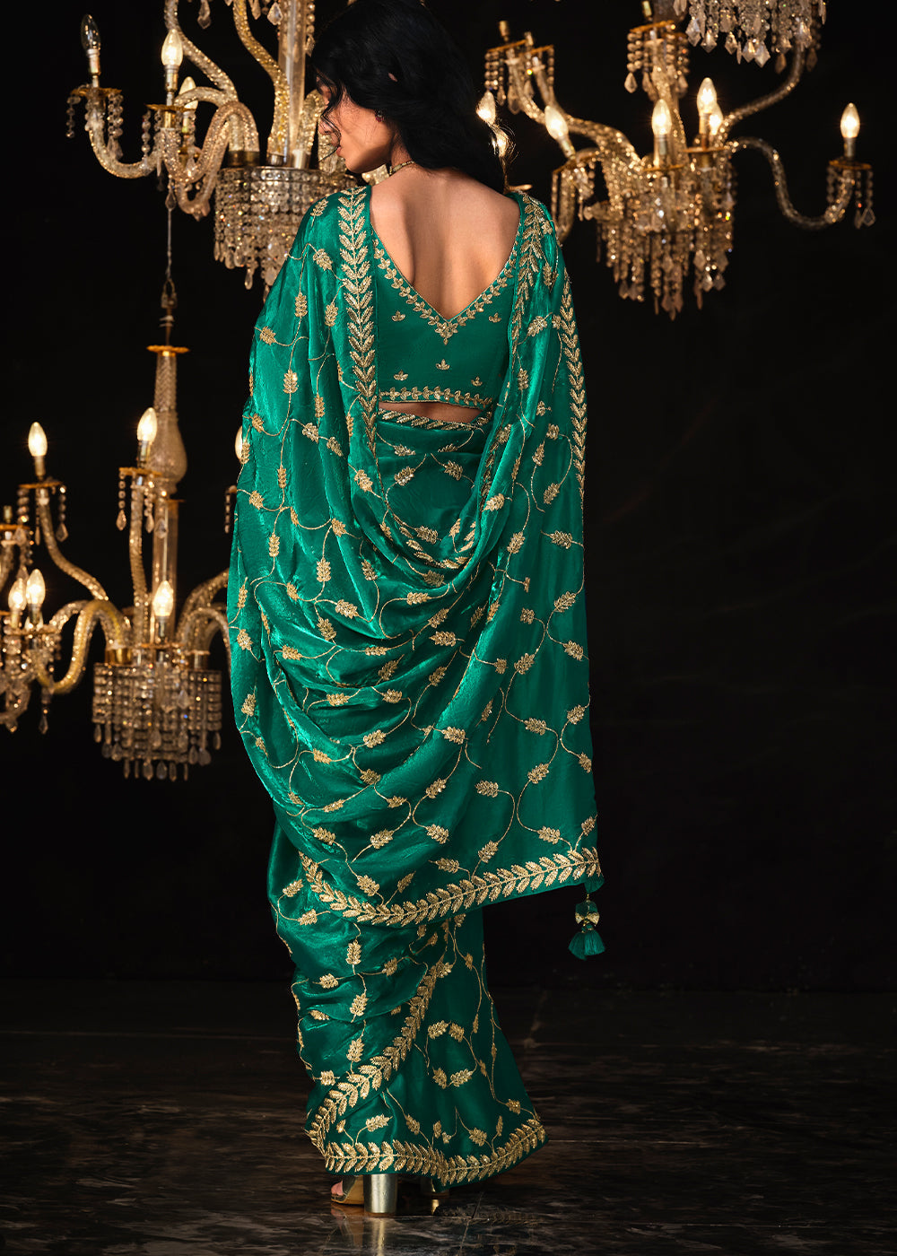 Teal Green Satin Silk Saree Embellished with Stone,Sequin,Embroidery & Zarkan work