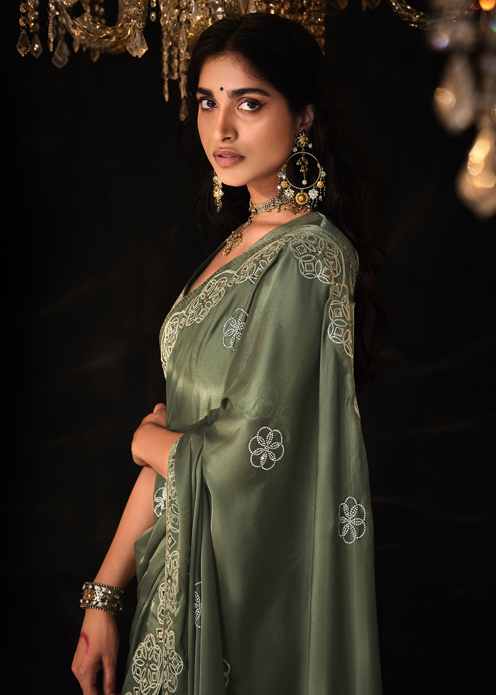 Hunter Green Satin Silk Saree Embellished with Stone,Sequin,Embroidery & Zarkan work