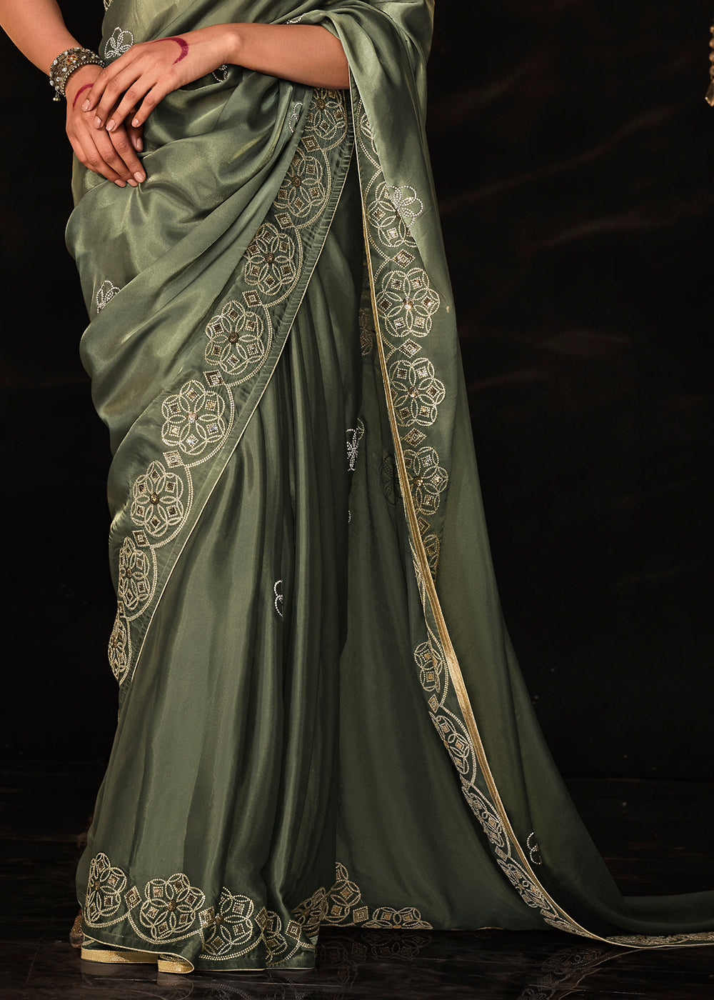 Hunter Green Satin Silk Saree Embellished with Stone,Sequin,Embroidery & Zarkan work