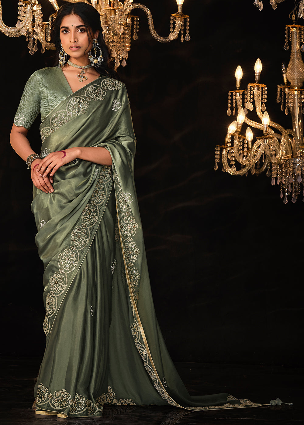 Hunter Green Satin Silk Saree Embellished with Stone,Sequin,Embroidery & Zarkan work