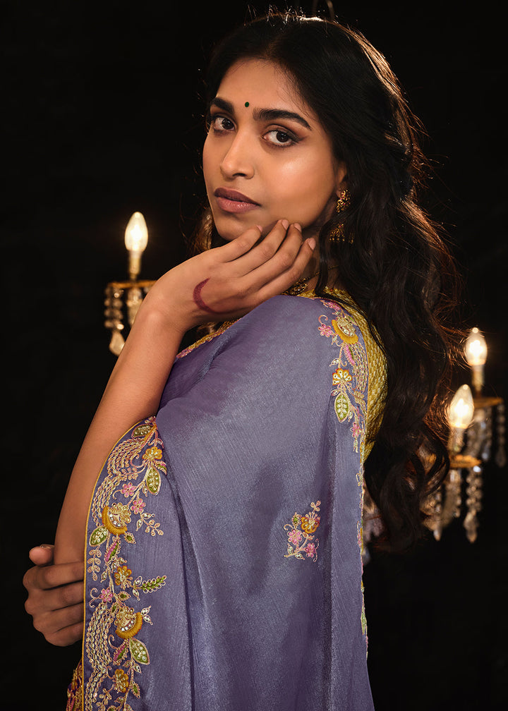 Amethyst Purple Satin Silk Saree Embellished with Stone,Sequin,Embroidery & Zarkan work