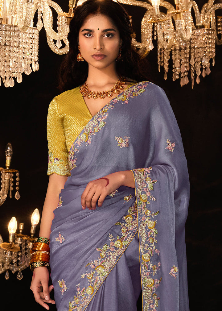 Amethyst Purple Satin Silk Saree Embellished with Stone,Sequin,Embroidery & Zarkan work