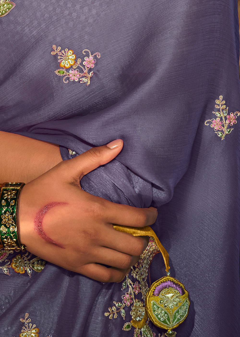 Amethyst Purple Satin Silk Saree Embellished with Stone,Sequin,Embroidery & Zarkan work