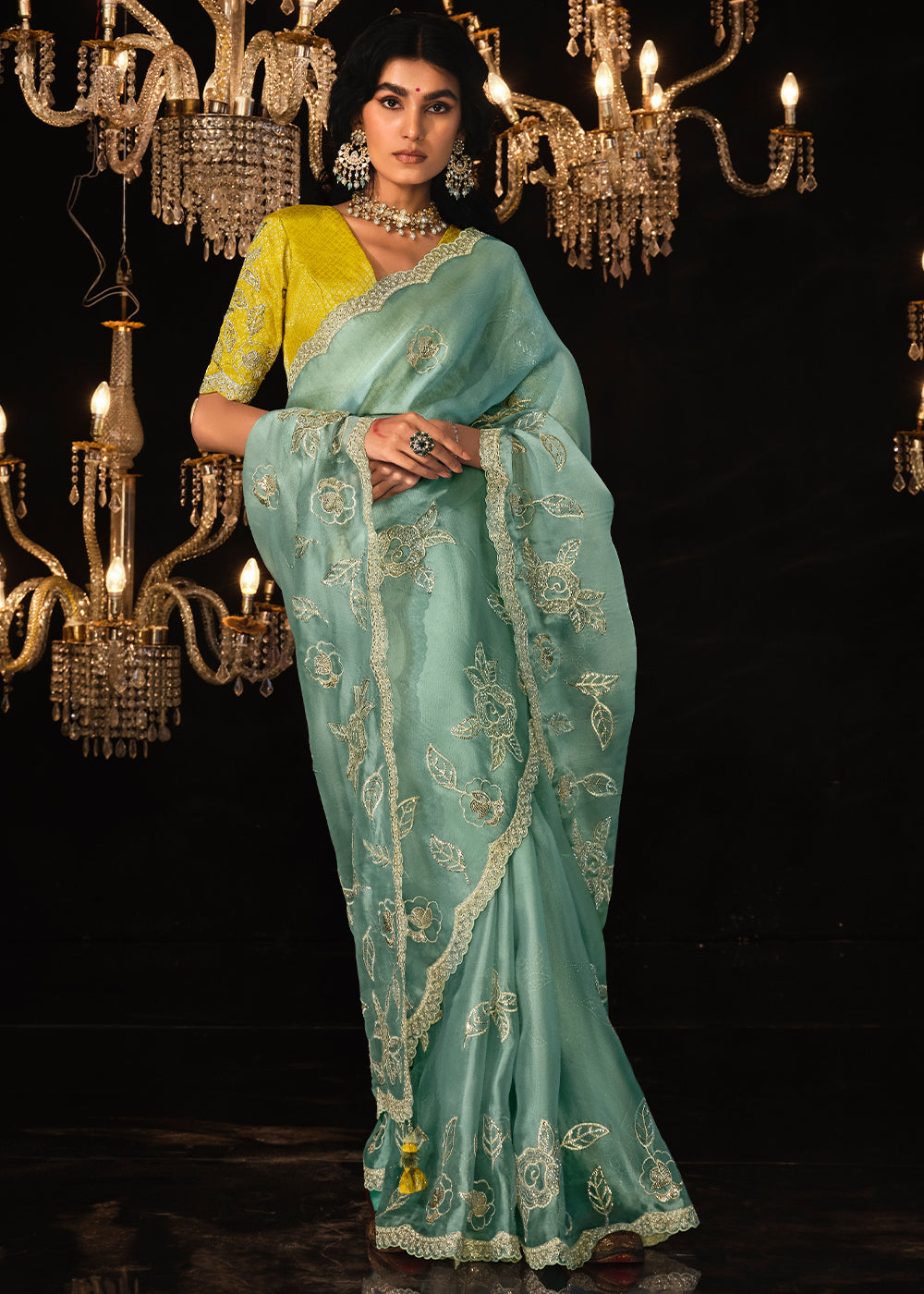 Celeste Blue Satin Silk Saree Embellished with Stone,Sequin,Embroidery & Zarkan work