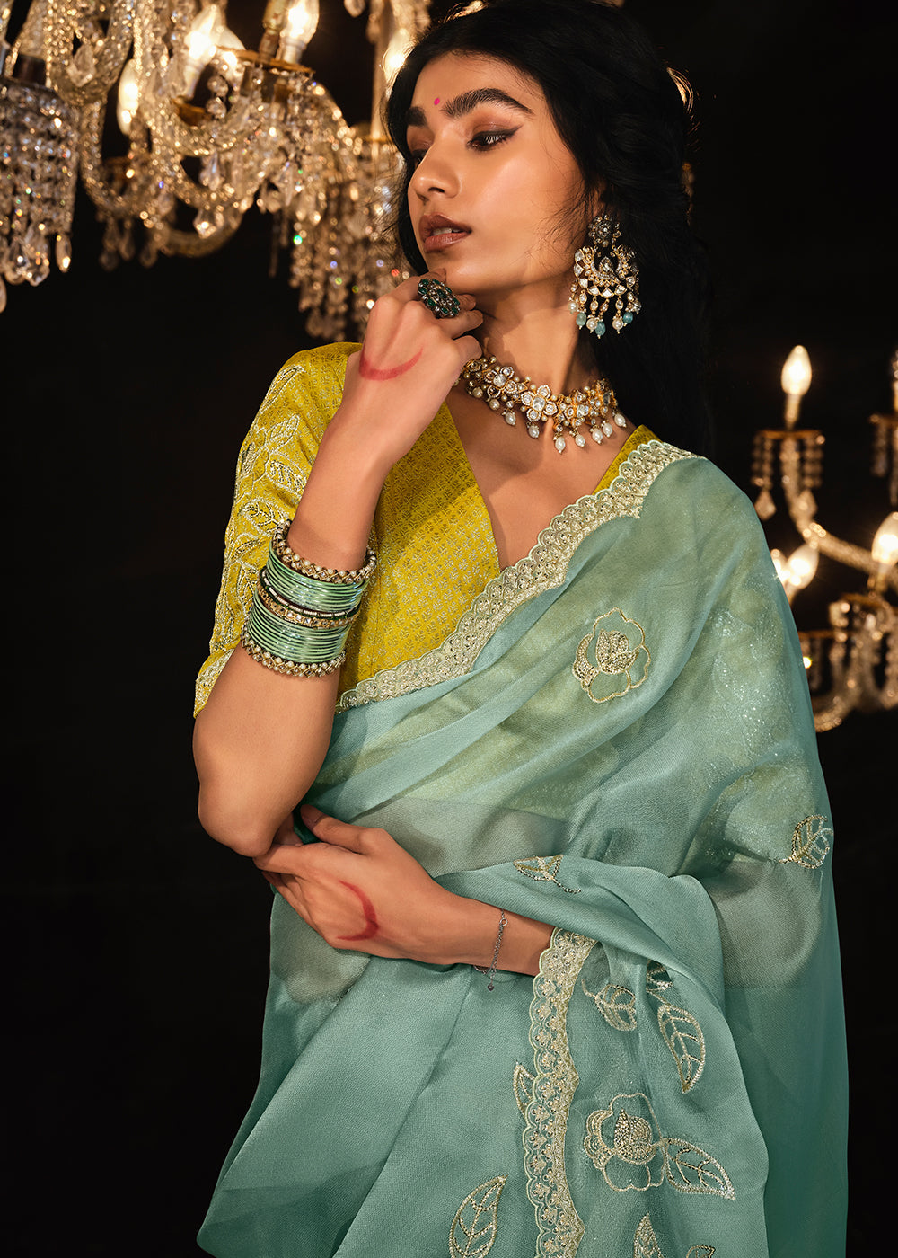 Celeste Blue Satin Silk Saree Embellished with Stone,Sequin,Embroidery & Zarkan work