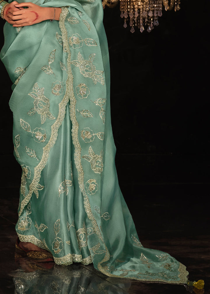 Celeste Blue Satin Silk Saree Embellished with Stone,Sequin,Embroidery & Zarkan work