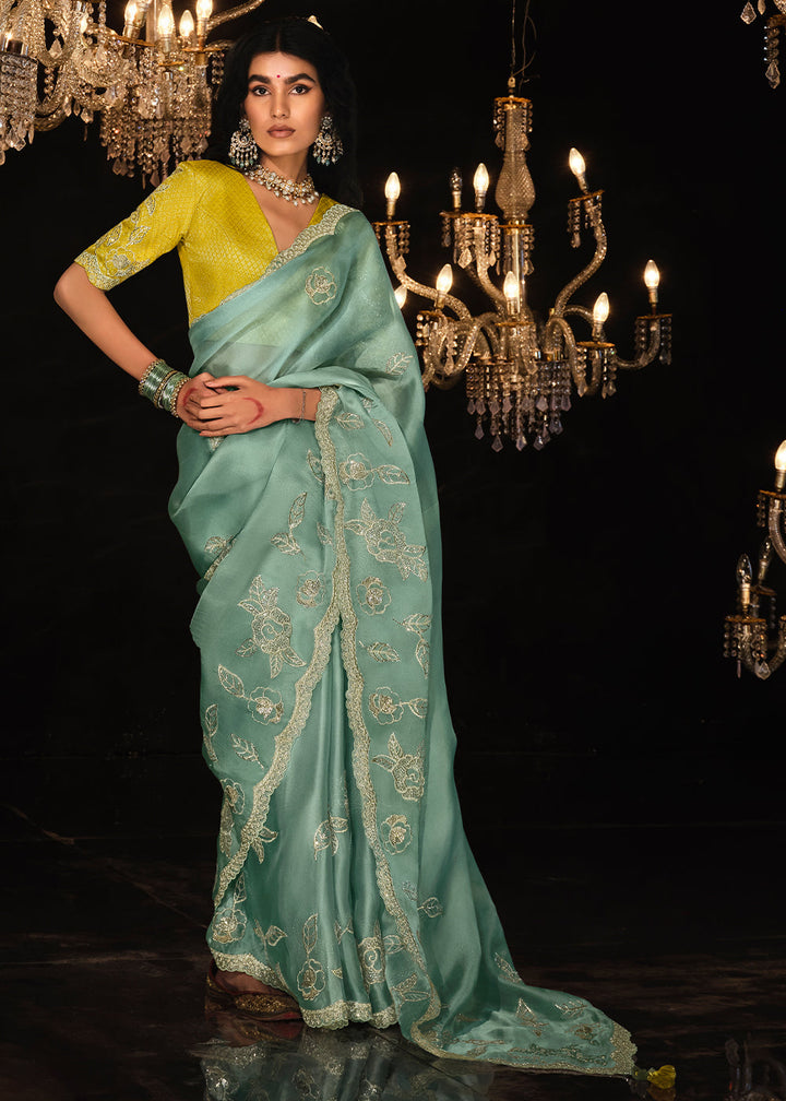 Celeste Blue Satin Silk Saree Embellished with Stone,Sequin,Embroidery & Zarkan work