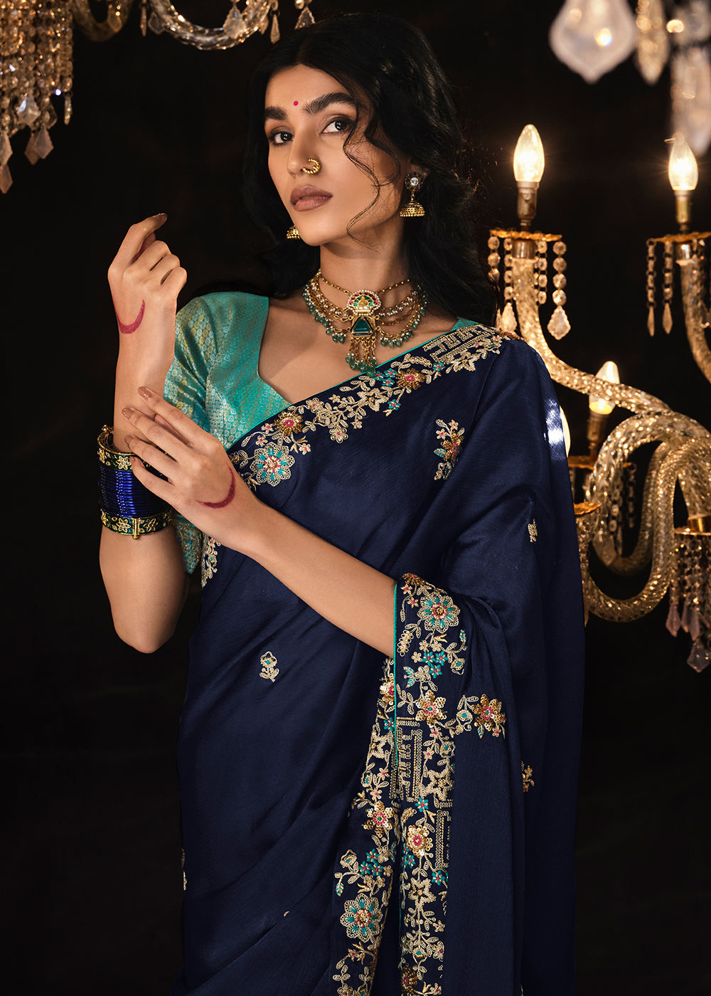 Denim Blue Satin Silk Saree Embellished with Stone,Sequin,Embroidery & Zarkan work