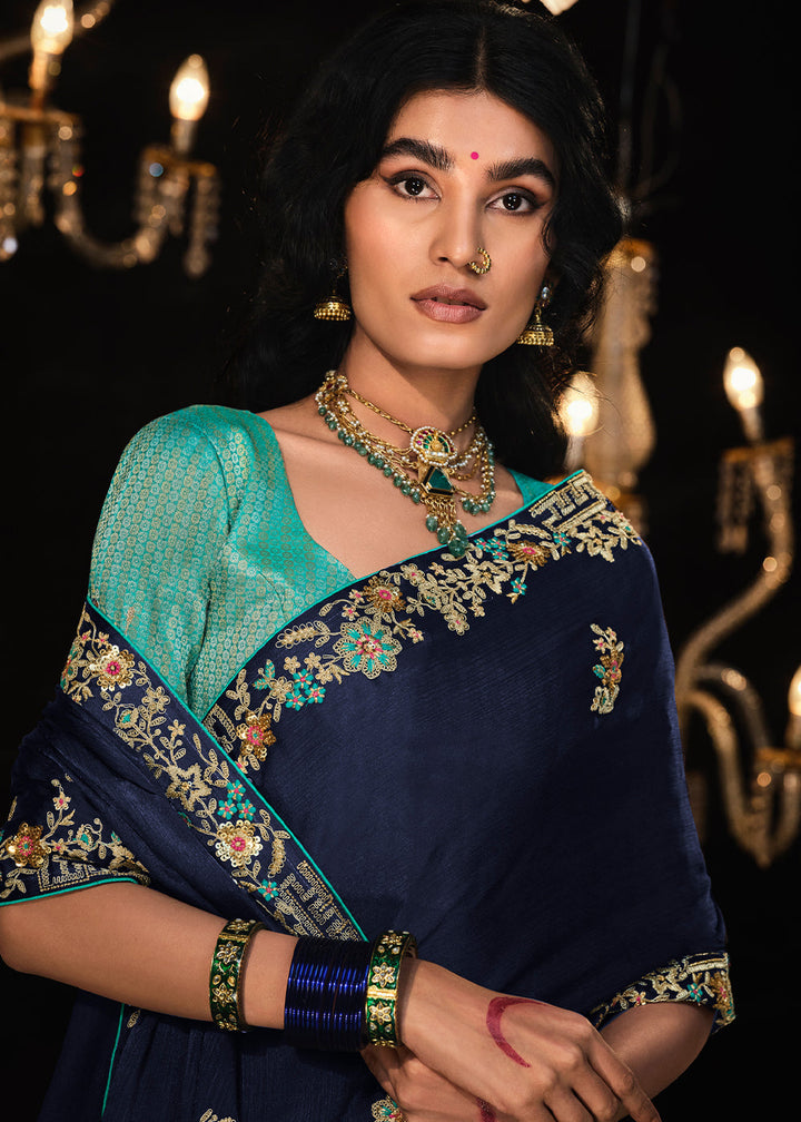 Denim Blue Satin Silk Saree Embellished with Stone,Sequin,Embroidery & Zarkan work