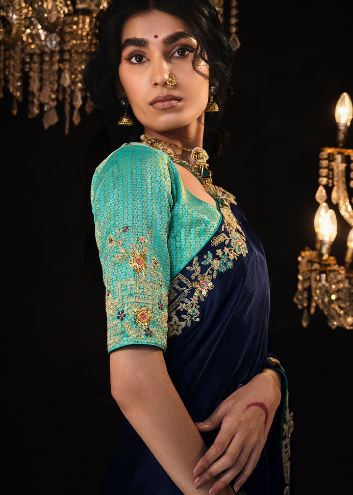 Denim Blue Satin Silk Saree Embellished with Stone,Sequin,Embroidery & Zarkan work