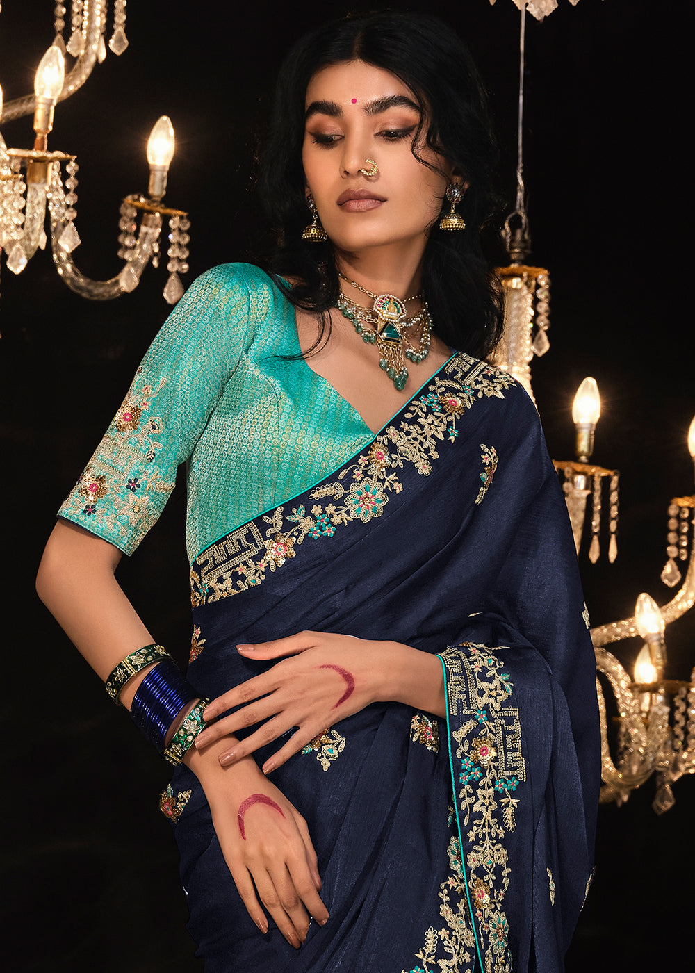 Denim Blue Satin Silk Saree Embellished with Stone,Sequin,Embroidery & Zarkan work