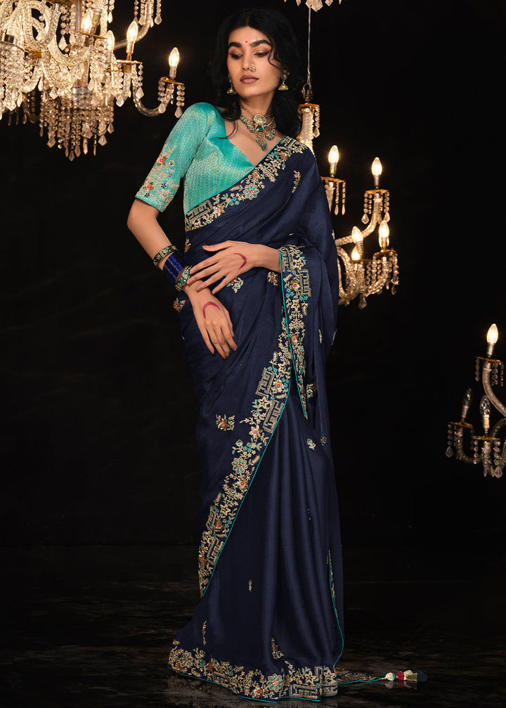 Denim Blue Satin Silk Saree Embellished with Stone,Sequin,Embroidery & Zarkan work