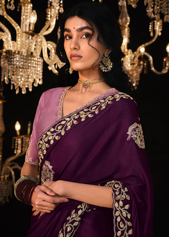 Tyrian Purple Satin Silk Saree Embellished with Stone,Sequin,Embroidery & Zarkan work