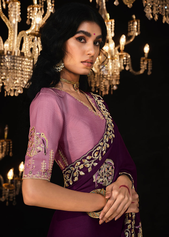 Tyrian Purple Satin Silk Saree Embellished with Stone,Sequin,Embroidery & Zarkan work