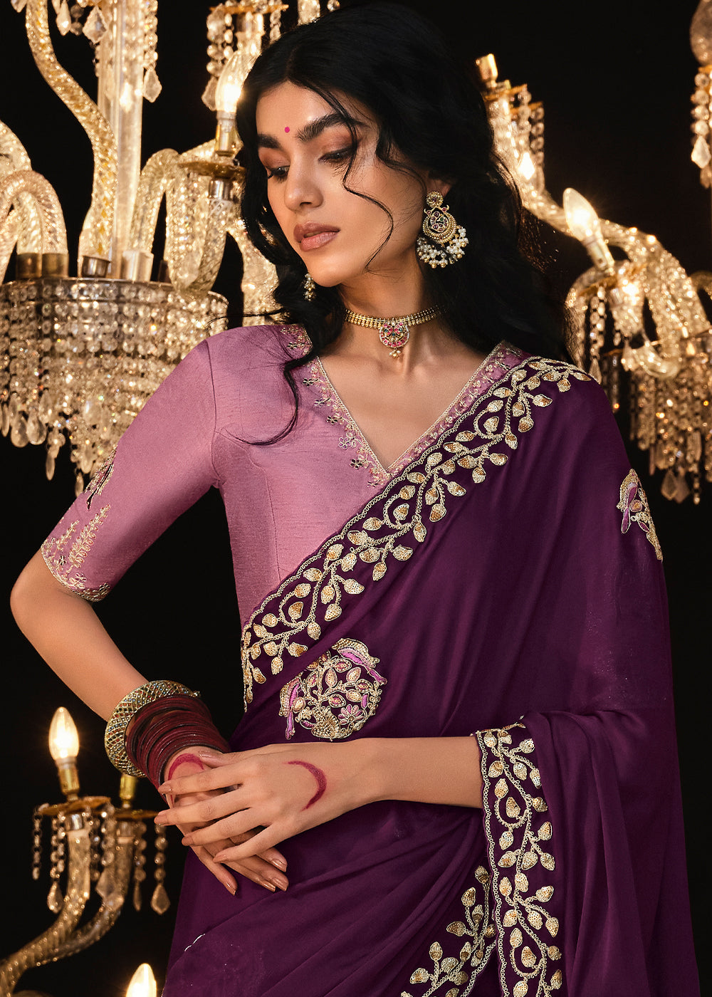 Tyrian Purple Satin Silk Saree Embellished with Stone,Sequin,Embroidery & Zarkan work