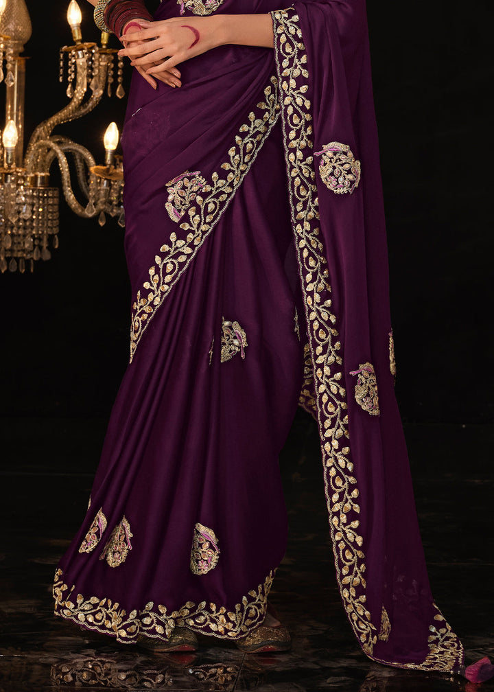 Tyrian Purple Satin Silk Saree Embellished with Stone,Sequin,Embroidery & Zarkan work