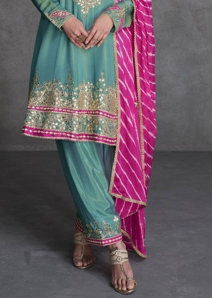 Bright Turquoise Blue Embroidered Salwar Suit