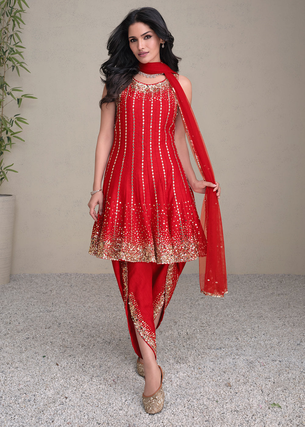 Scarlet Red Silk Embroidered Designer Suit